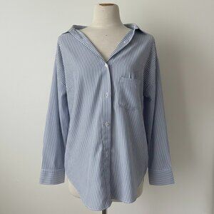 Blue and White Striped Oversized Open Shoulde Long Sleeve Button-Down Shirt
